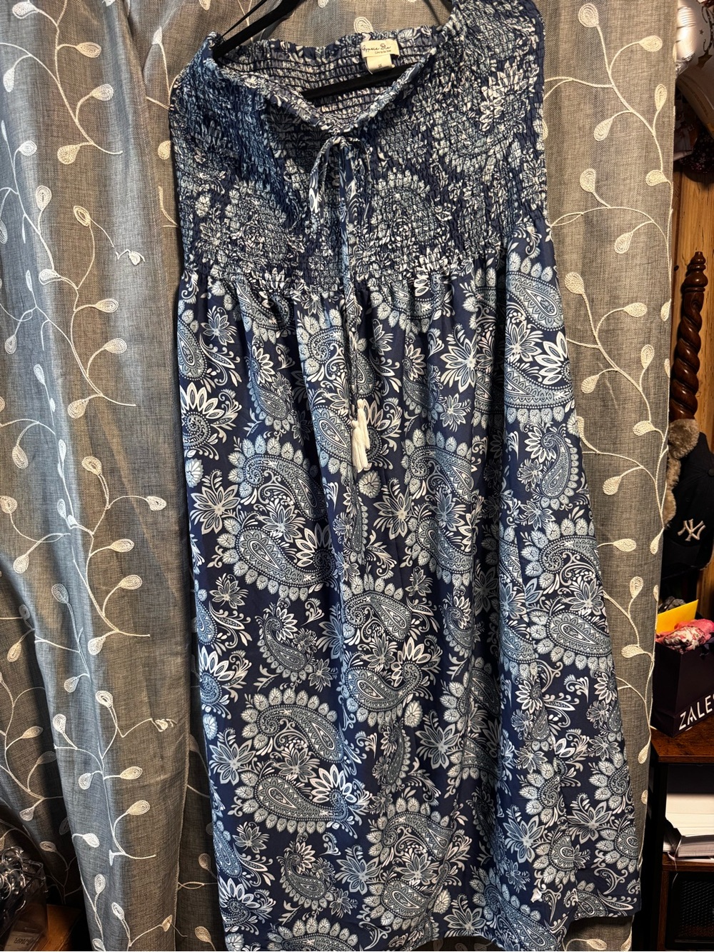 Navy Paisley Maxi Dress with Smocked Bodice